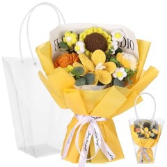 Crochet Flower Bouquet, Handmade Yellow Lily Sunflower Rose, Faux Yarn Floral