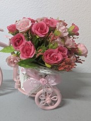 Pink Bike Flower Basket Artificial Flower Rose Tricycle Rattan Basket decoration