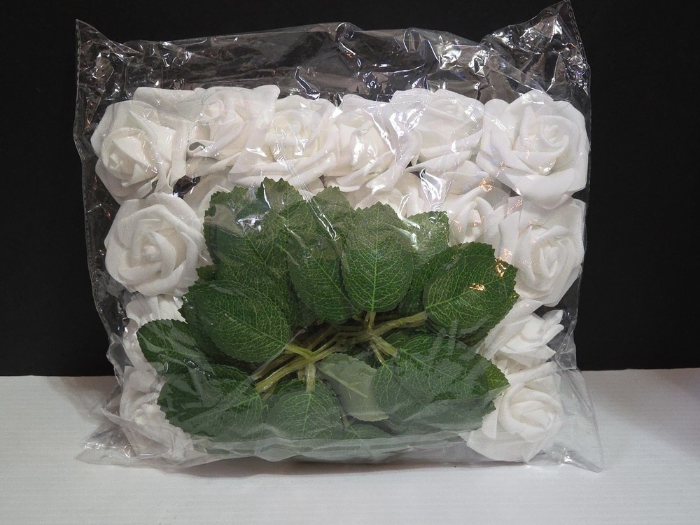 24 pc Artificial White Foam Rose Wedding Bouquet Baby Shower Flowers 2 Dozen DIY