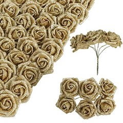 Roses Artificial Flowers,60pcs Mini Glitter Flowers 1.57in Fake Roses with Gold