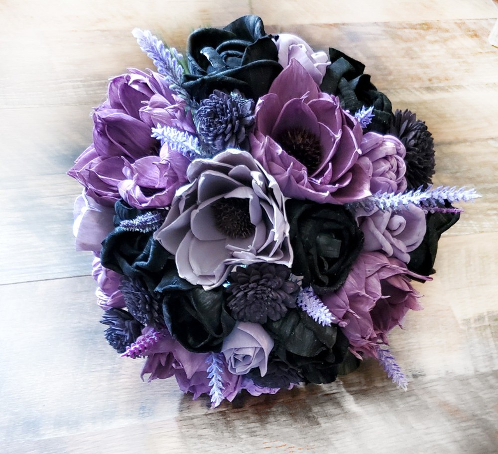 Purple & Black Bridal Bouquet Sola Wood Bridesmaid Lavender Wedding Flowers