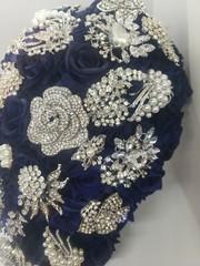 11” Rhinestone Brooch Bridal Bouquet Navy Blue Wedding Rose with Jewel Décor