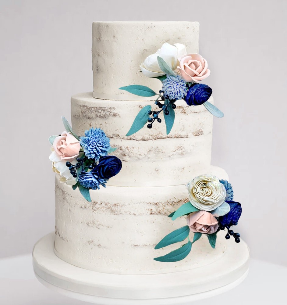 Pink Dusty Blue Wedding Cake Flower Topper Sola Wood Blush Navy Artificial Decor