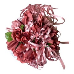 VTG Silk Flower & Lace Streamers Wedding Bridal Bouquet Red Rose & Pink Ribbons