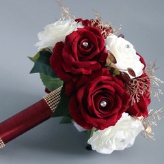 Wedding Romantic Flower Bouquet Artificial White and Wine Red Rose Flowers Props