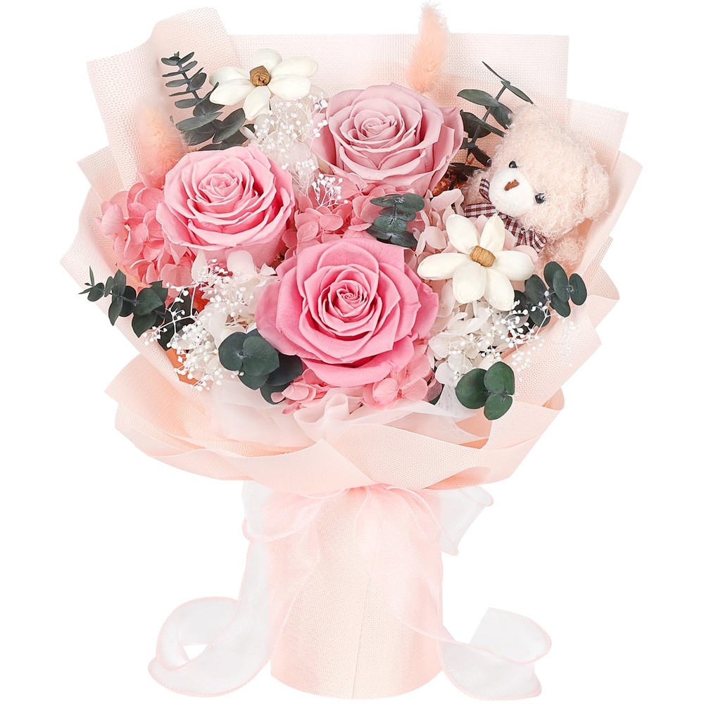 Preserved Flowers Bouquet with Bear, 3 Real Forever for Pink