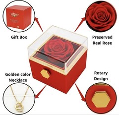 Valentine day Gift Preserved Rose In Rotating Jewelry Box Gifts with Gold Engrav