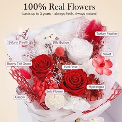 Preserved Flowers Bouquet with Bear, 3 Real Forever for Delivery, Red