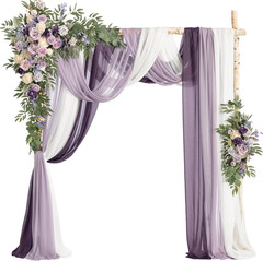 Elegant Purple & Gold Wedding Arch Flowers with Sheer Drapes – 5-Piece Set