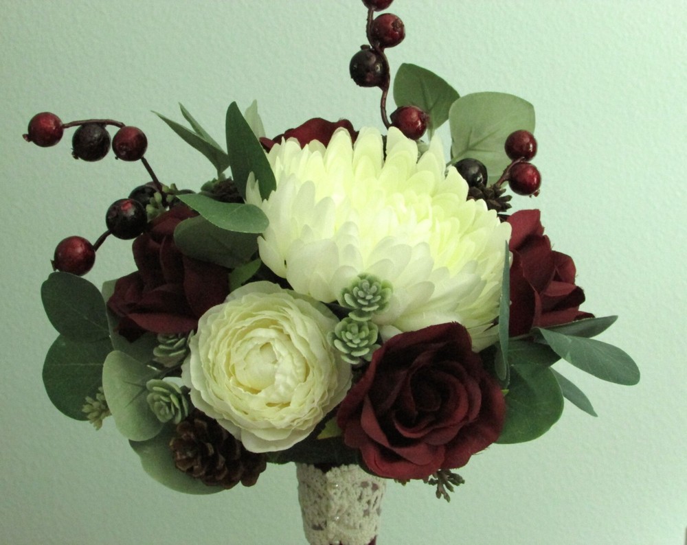 Silk Flower Winter WEDDING BOUQUET Chrysanthemum Ranunculus Roses Eucalyptus