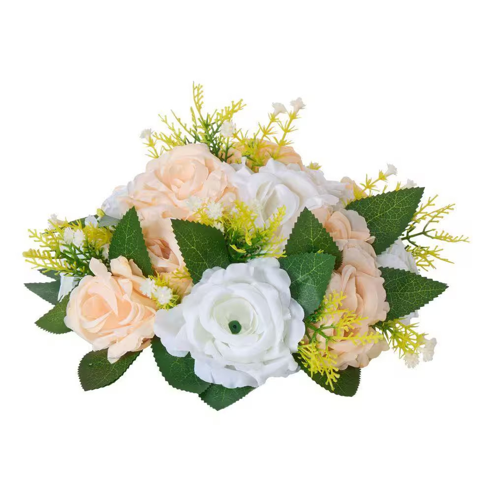 10-Piece Flower Ball Bouquet, 4.72In. Champagne & White Indoor/Outdoor Artificia
