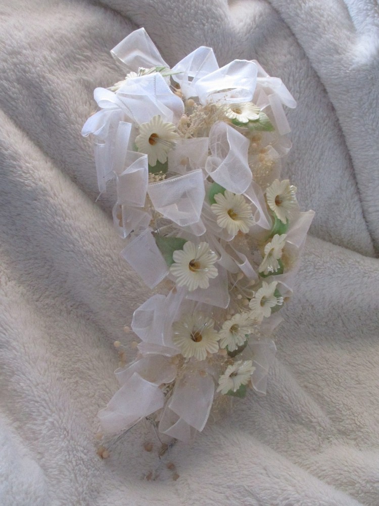 Brides Cascade Bouquet Vintage 70s-80s wedding Artificial flower sheer ribbons