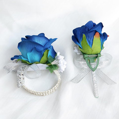 2Pcs Blue Rose Corsage and Boutonniere Set, Corsage Wristlet Band for Prom Suit