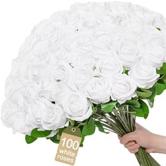 []Pcs Realistic Artificial flowers Roses Bulk, Silk Flowers for 100 White