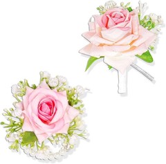2 Pcs Rose Wrist Corsage Wristlet Band Bracelet & Men Boutonniere Set, Rose H…