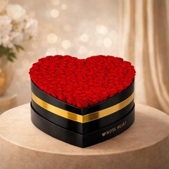 Moss Heart 100 Petite Preserved Roses, Large Shaped Box, 100 Red