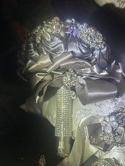 Bride Brooch Bouquet Wedding Silver Grey Base Clear Rhinestones￼ 5pc set