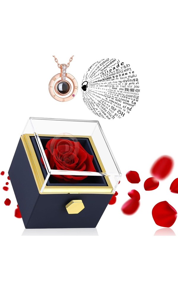 Preserved Real Red Rose Flower with I Love You Silver Necklace Projection Stone