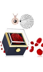 Preserved Real Red Rose Flower with I Love You Silver Necklace Projection Stone