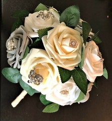 Silver, White & Cream Rose Bridal Bouquet Rhinestone & Pearl Brooch Decoration