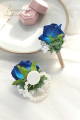 Sophisticated Royal Blue Flower Wrist Corsage & Boutonniere – Wedding Essentials