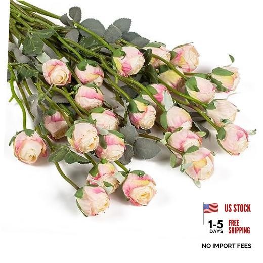 24pcs Artificial Flowers Fake Silk Mini Rose with Long Stem for DIY Cream Pink