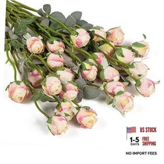 24pcs Artificial Flowers Fake Silk Mini Rose with Long Stem for DIY Cream Pink
