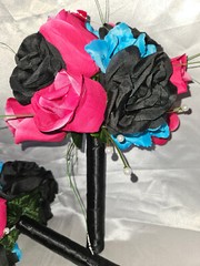 Wedding Bouquet Set – Black, Bright Pink, Turquoise Rose Flowers – 26 pieces