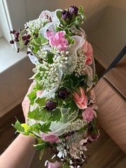 Handmade Vintage 1990s Pink, Mauve, White, Plum Wedding Bouquet w/ Boutonnieres