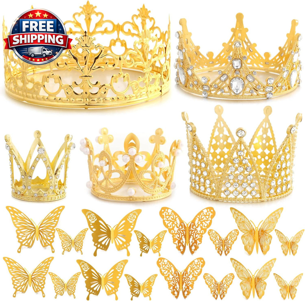 53 Pcs Flower Bouquet Accessories, 5 Pcs Gold Crowns and 48 Pcs Gold Butterfly D