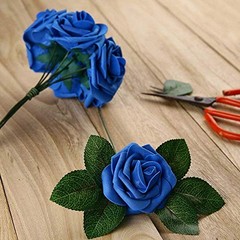 Artificial Flowers 25pcs Real Looking Foam Fake Roses with 25Pcs Royal Blue
