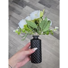 Matte Black Textured Ceramic Bud Vase with White Faux Peony Flowers