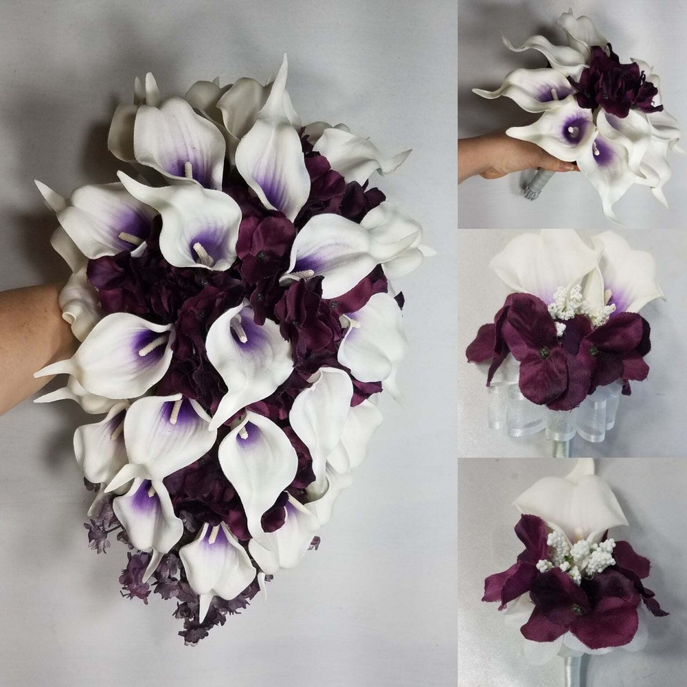 Eggplant White Hydrangea Calla Lily Bridal Wedding Bouquet Accessories