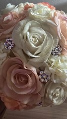 Handmade Faux Rose Bridal Bouquet Ivory Blush Peach Roses Rhinestone Accents
