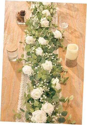 5.91FT Artificial Eucalyptus Garland with Flowers, Fake Rose 2PCS Ivory White