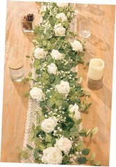 5.91FT Artificial Eucalyptus Garland with Flowers, Fake Rose 2PCS Ivory White