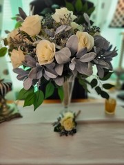 Steel Blue Wedding Bouquet, Dusty Blue, Ivory, Silk Roses, Men’s Boutonniere 