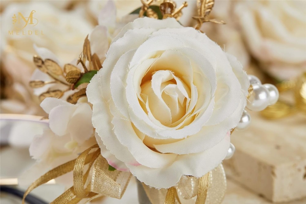 Meldel Champagne Boutonniere for Men – 6pcs, Rose Groomsmen Boutonniere