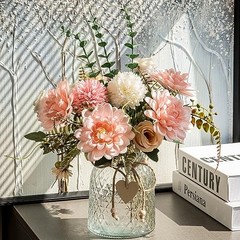 Fake Flowers with Vase,Faux Flowers in Vase for Home Decor,Silk Pink Dahlia 1