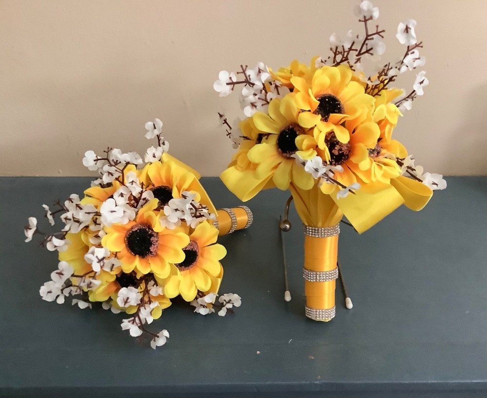 Set of 2 sunflower and baby breath wedding bouquets