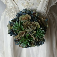 Bluesy Green Silk Succulent and Rose Bride or Bridesmaid Wedding Bouquet