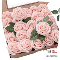Artificial Flowers 25pcs Real Looking Blush Foam Fake Roses with Stems for