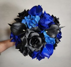 Royal Blue Black Rose Calla Lily Bridal Wedding Bouquet Accessories