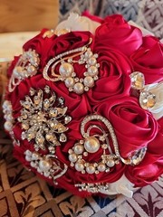 Bridal bouquet of Heart Rhinestones Red & White Roses satin flower