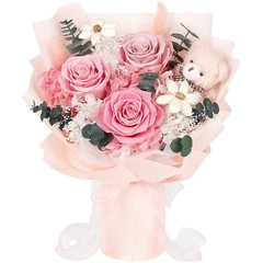 Preserved Flowers Bouquet with Bear, 3 Real Forever for Pink