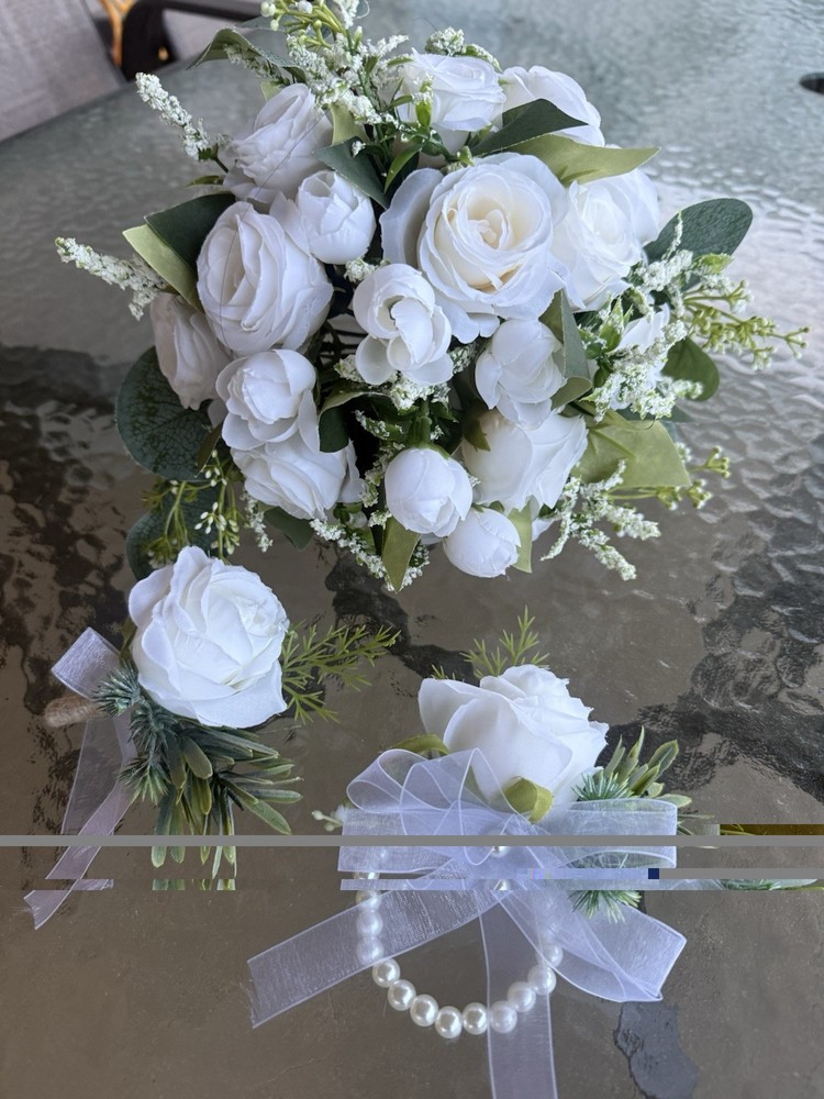 White Artificial Rose Bouquet w/ Matching Wrist Corsage and Boutonnière
