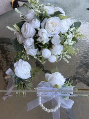 White Artificial Rose Bouquet w/ Matching Wrist Corsage and Boutonnière