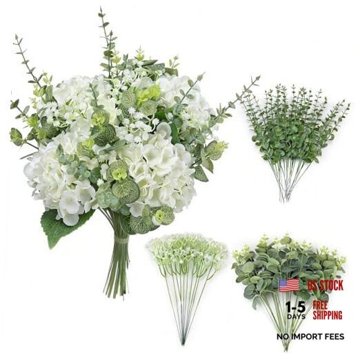 4 Kinds 55PCS Silk Hydrangea Artificial Flowers Eucalyptus White Hydrangea