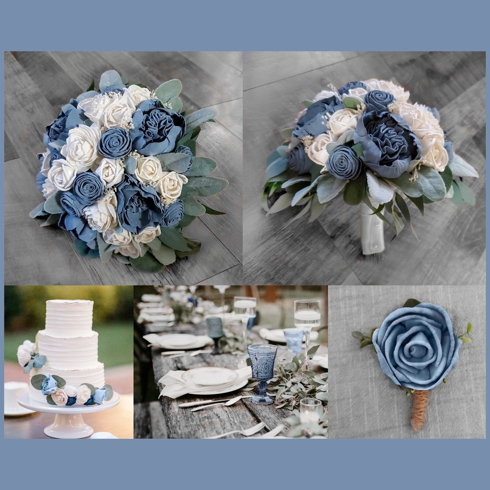Dusty Blue Bridal Bouquet Ivory White Sola Wood Wedding Flowers Bridesmaid Prom