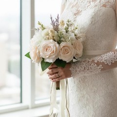 Elegant White Champagne Artificial Rose Wedding Bouquets for Bride & Bridesmaid